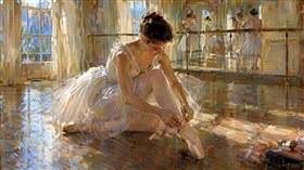  tying her pointe shoes